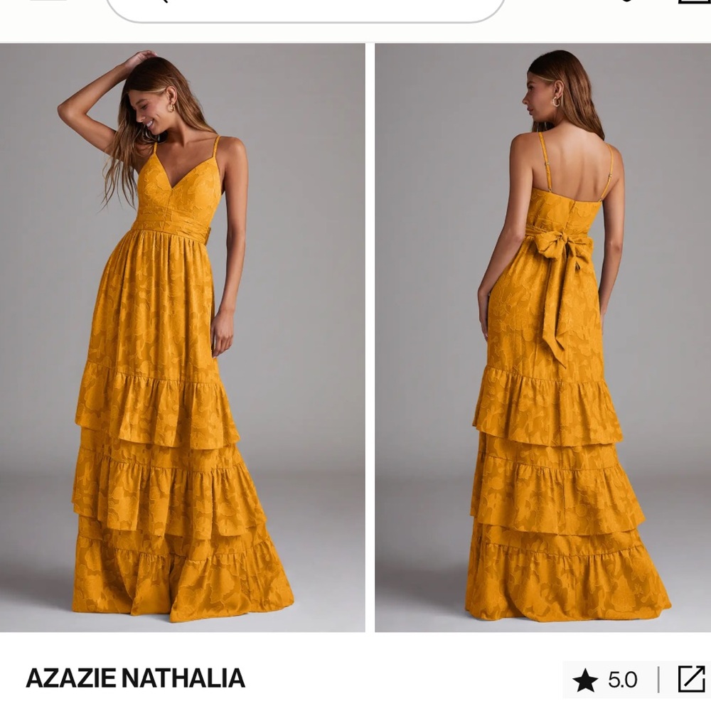 Azazie Nathalia Mustard Lace Gown